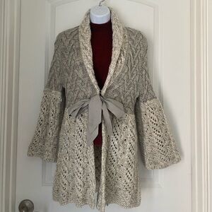 Anthropologie Guinevere Front Tie Basketweave Knit Cardigan Y2K Wool Coquette L